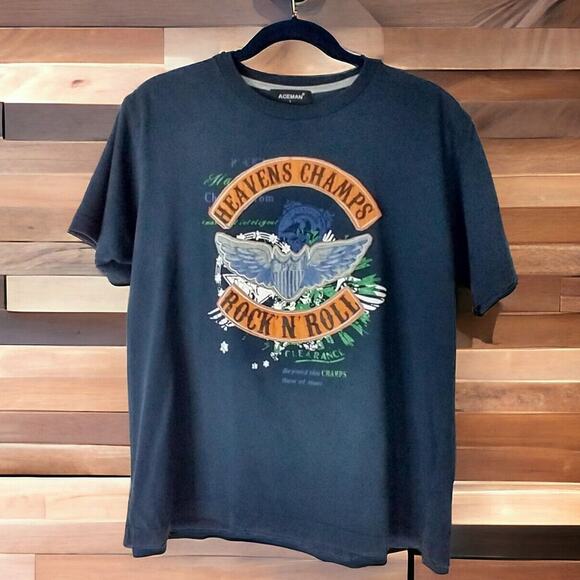 Aceman Heavens Champs Wing Shield T-Shirt – Unisex L – Blue Rock & Roll Overlay - Picture 1 of 6
